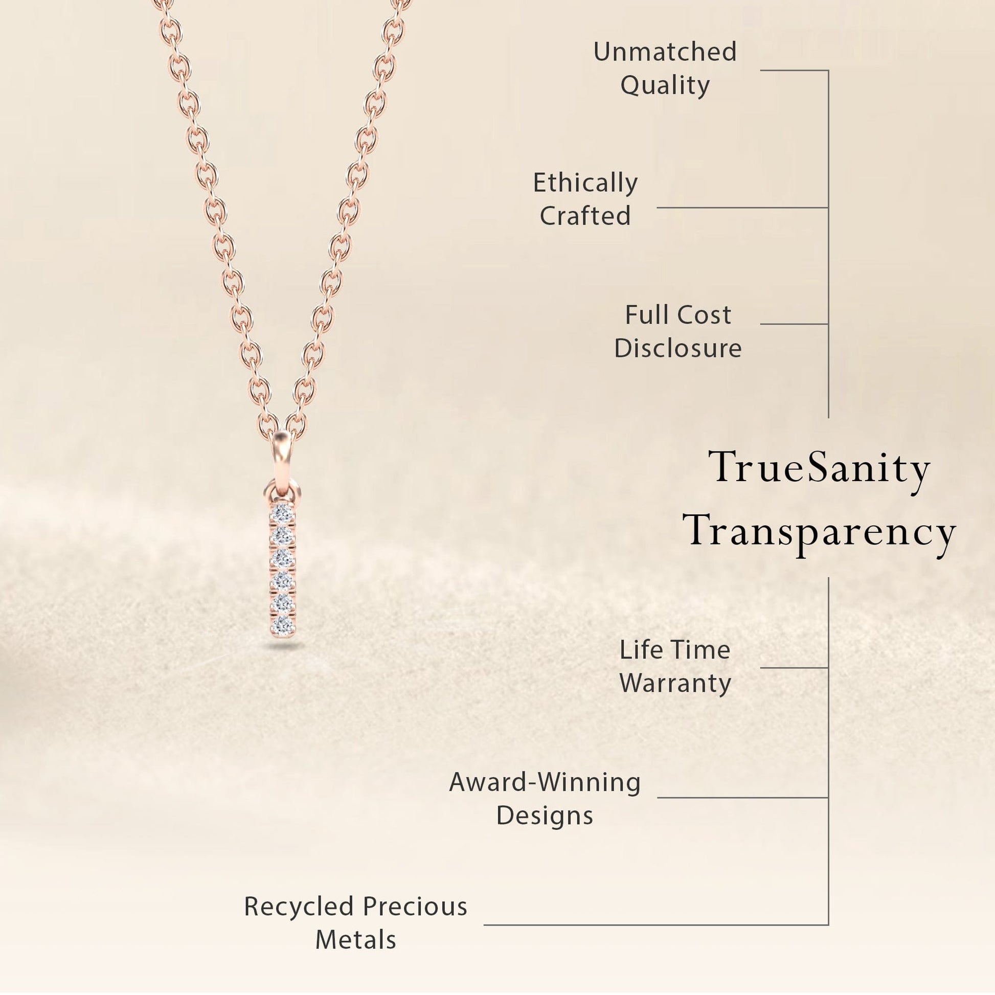 The Lalita White Diamond Vertical Bar Necklace showcases a delicate gold chain and diamond-inset pendant. Features: Unmatched Quality, Ethically Crafted, Full Cost Disclosure, Lifetime Warranty, Award-Winning Design & Recycled Metals.