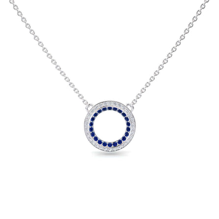 Blue Sapphire & Diamond Double Halo Circle Necklace - Mona: Features a circular pendant with a ring of blue sapphires encircled by diamonds, an open center, and is attached to a delicate chain.