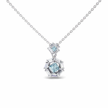 The Aquamarine & Diamond Geometric Halo Necklace - Reema features a silver pendant with square and hexagonal aquamarine gems, each encircled by baguette-cut diamonds.