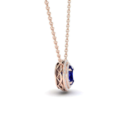 Lab Grown Blue Sapphire & Diamond Double Halo Necklace - Abril