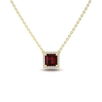The Garnet & Diamond Halo Necklace - Gabriella features a gold chain with a square-cut deep red garnet pendant framed by diamonds, shown on a white background.