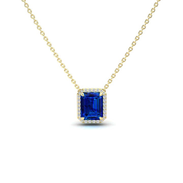 Lab Grown Blue Sapphire & Diamond Halo Necklace - Hilary