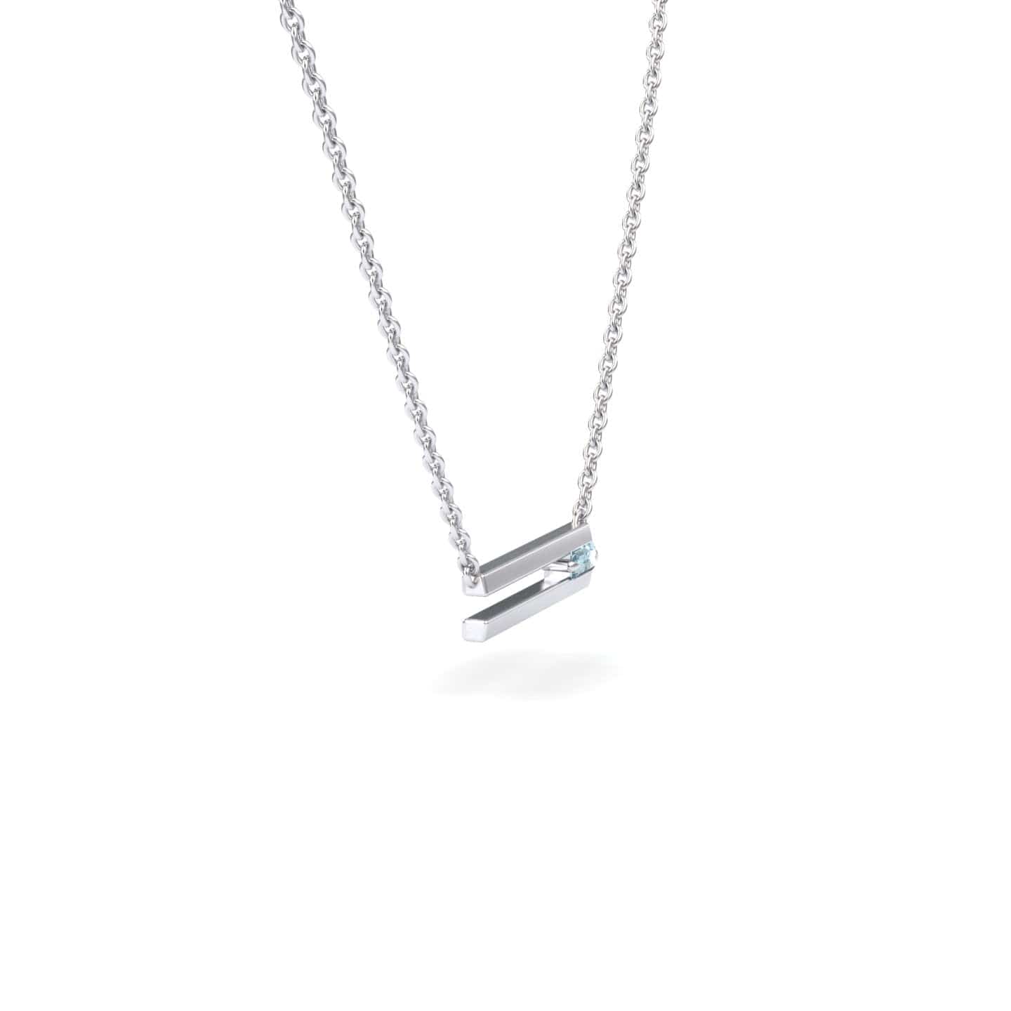 The Aquamarine Bar Necklace - Cecilia is a silver chain necklace with a modern geometric pendant of two parallel silver bars and a small light blue aquamarine gemstone accent.