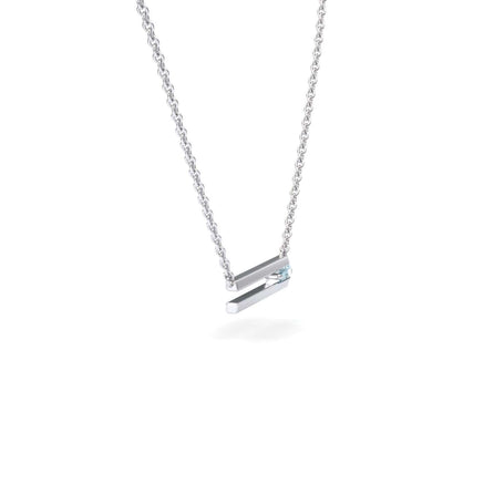The Aquamarine Bar Necklace - Cecilia is a silver chain necklace with a modern geometric pendant of two parallel silver bars and a small light blue aquamarine gemstone accent.