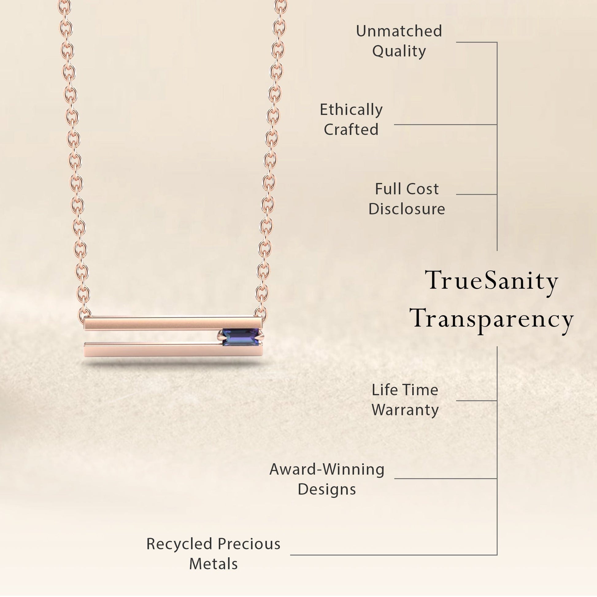 A rose gold "Lab Grown Alexandrite Bar Necklace - Cecilia" is shown. To the right, text highlights its unmatched quality, ethical craftsmanship, full cost transparency, lifetime warranty, award-winning design, and recycled gold.