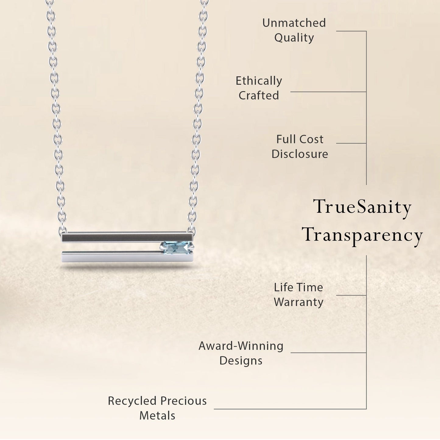 The Aquamarine Bar Necklace - Cecilia is shown beside text highlighting: Unmatched Quality, Ethically Crafted, Full Cost Disclosure, Lifetime Warranty, Award-Winning Designs, and Recycled Precious Metals.