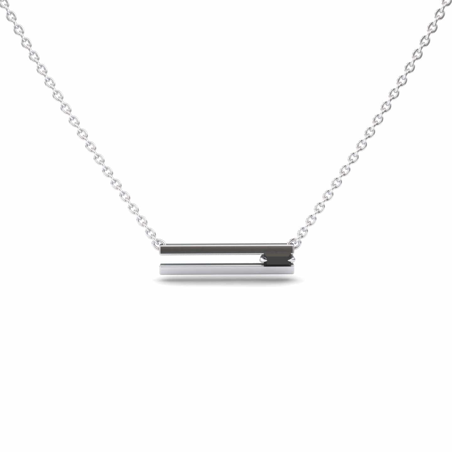 The Black Diamond Bar Necklace - Cecilia features a minimalist horizontal bar pendant with black diamonds on a delicate chain, shown against a white background.