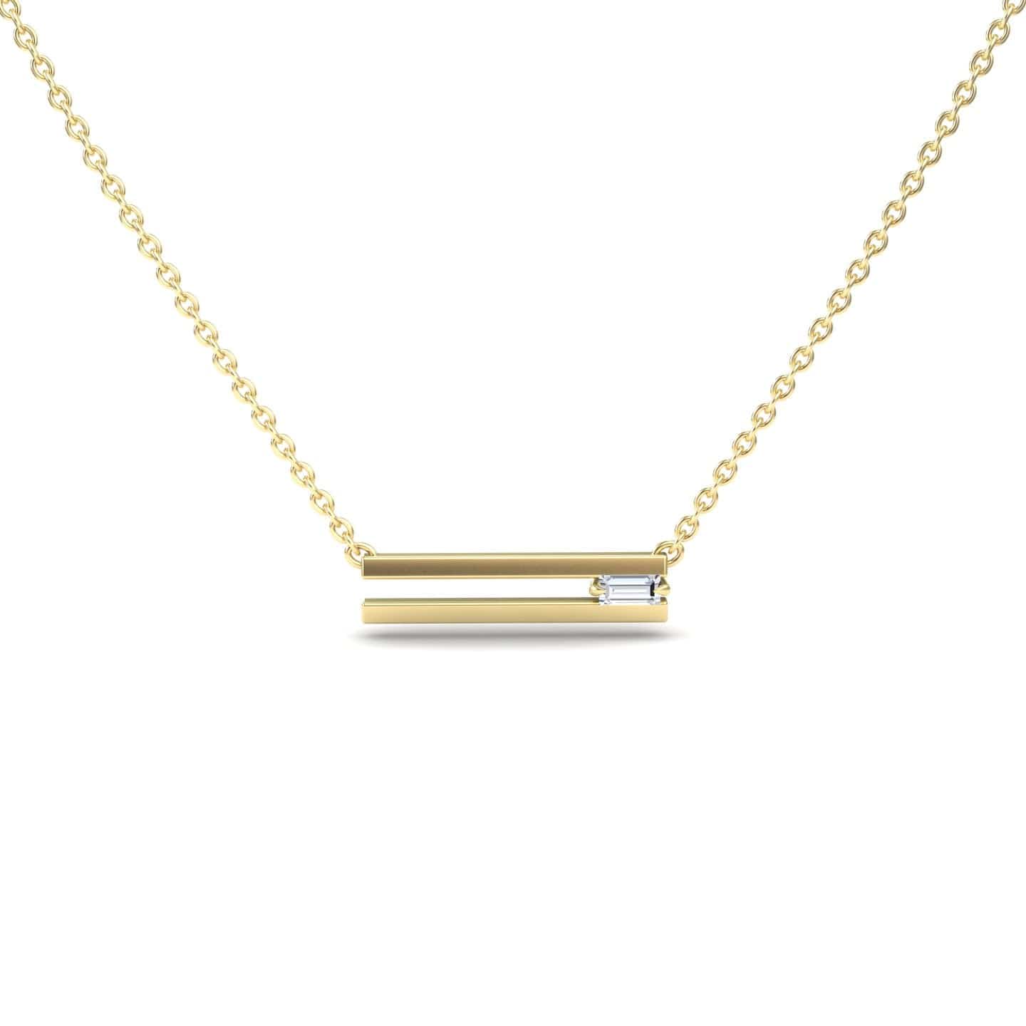 The White Diamond Bar Pendant - Cecilia is a gold chain necklace with a horizontal bar pendant featuring a small rectangular white diamond on one side, shown against a white background.