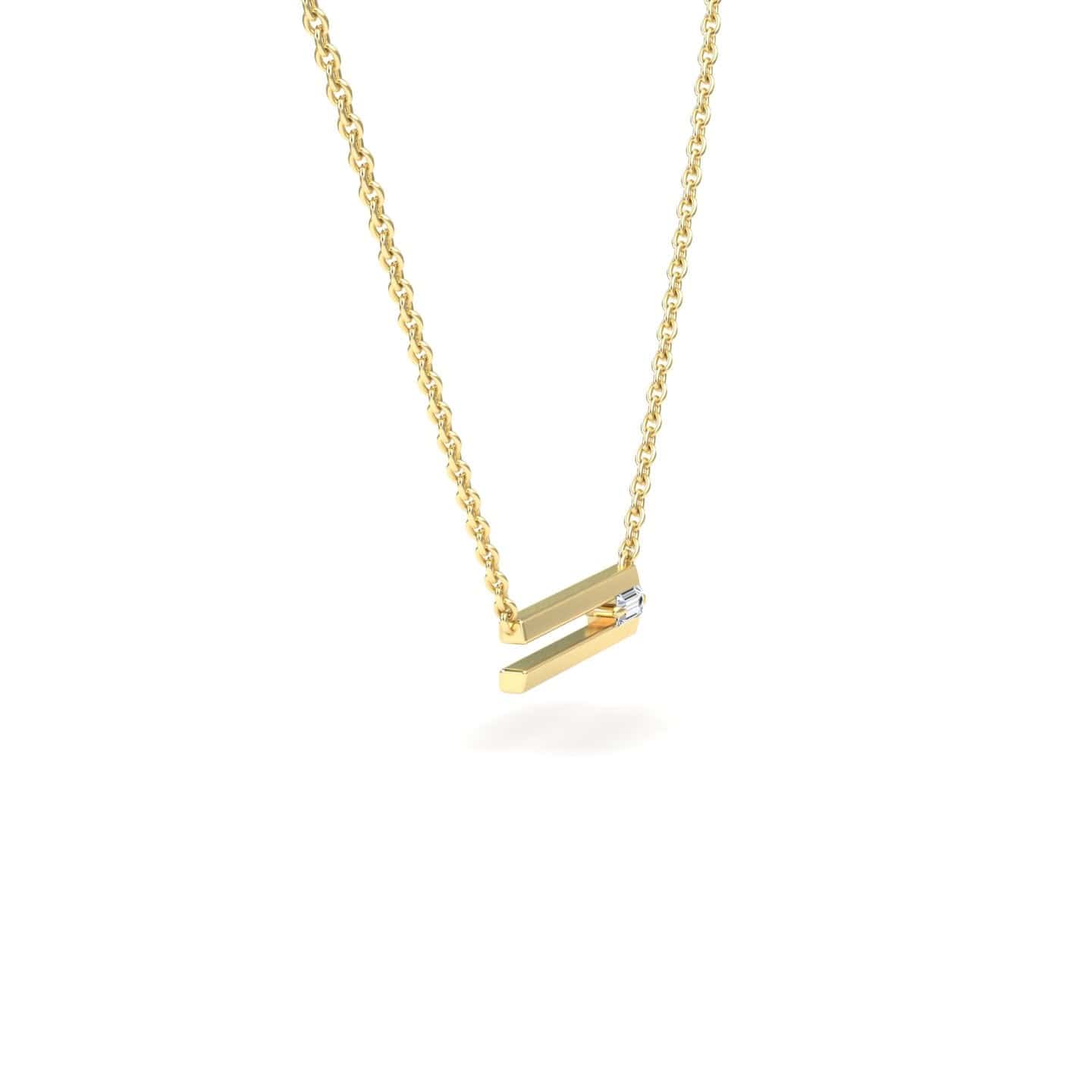 The White Diamond Bar Pendant - Cecilia is a delicate gold chain necklace with a sleek horizontal bar and a small white diamond accent on one end, shown against a plain white background.