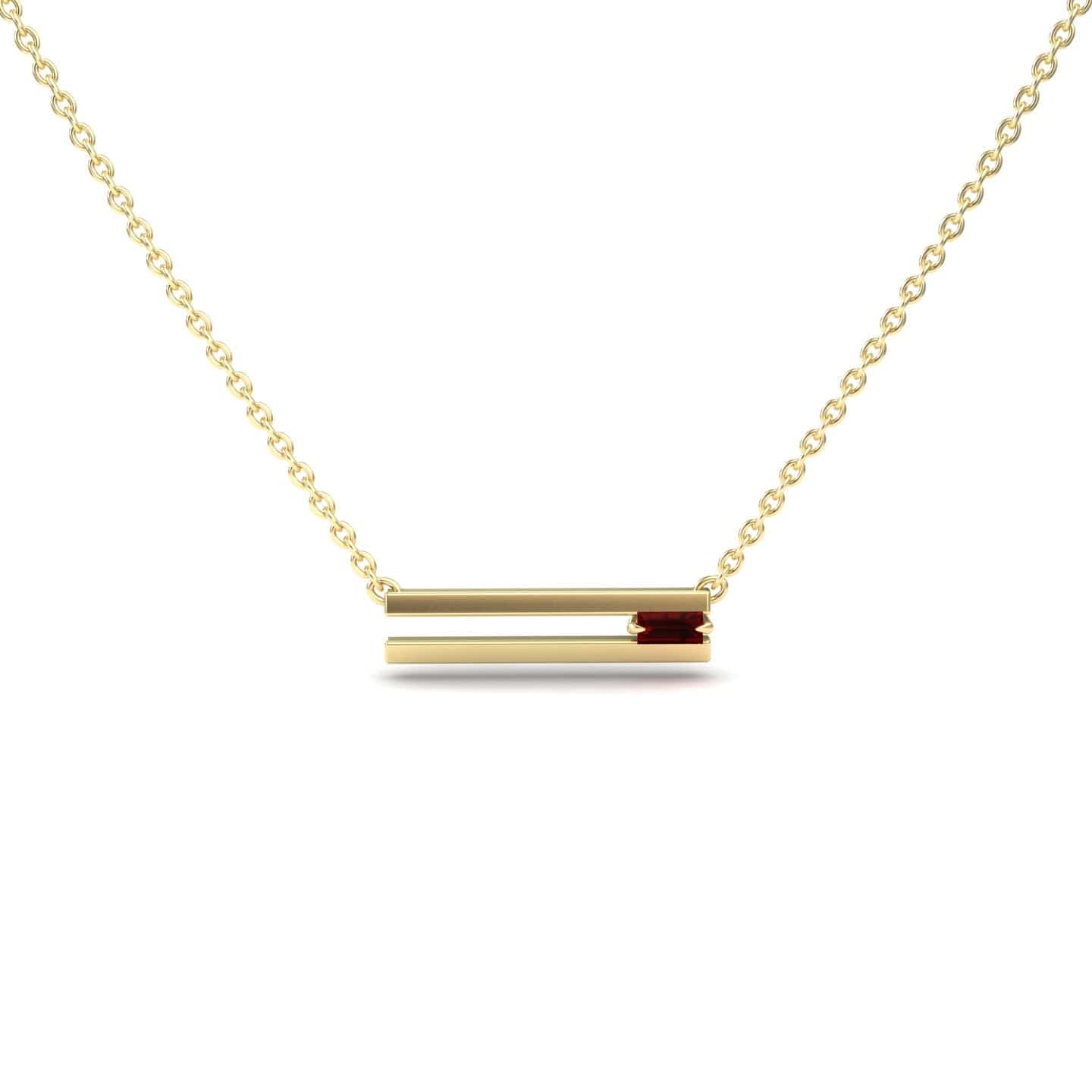 The Garnet Bar Necklace - Cecilia features a minimalist horizontal gold bar pendant with a small rectangular red gemstone on one side, set on a delicate gold chain and displayed on a white background.