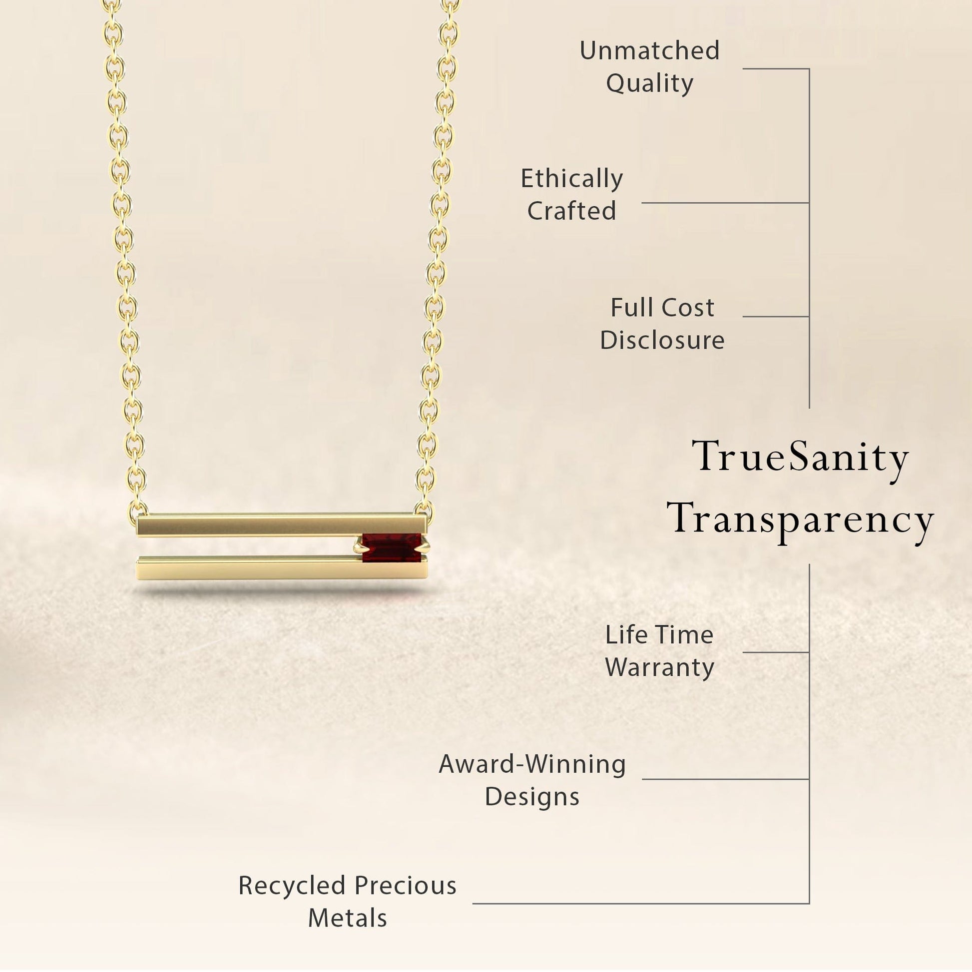 The Black Diamond Bar Necklace - Cecilia is displayed next to a list of jewelry brand values: transparency, ethical crafting, recycled metals, cost disclosure, and lifetime warranty.