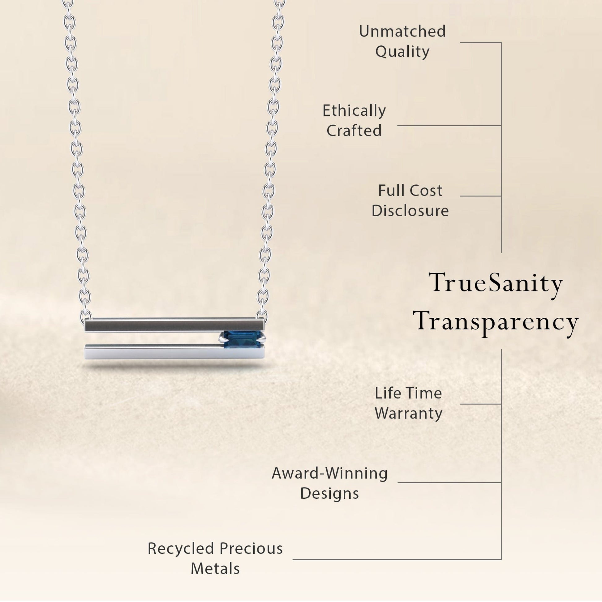 The London Blue Topaz Necklace - Cecilia features a horizontal bar pendant and stands out for unmatched quality, ethical craftsmanship, full cost transparency, a lifetime warranty, award-winning design, and recycled precious metals.