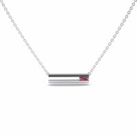 The Pink Tourmaline Bar Necklace - Cecilia features a minimalist silver chain with a horizontal bar pendant, accented by a small pink tourmaline gemstone, shown on a white background.