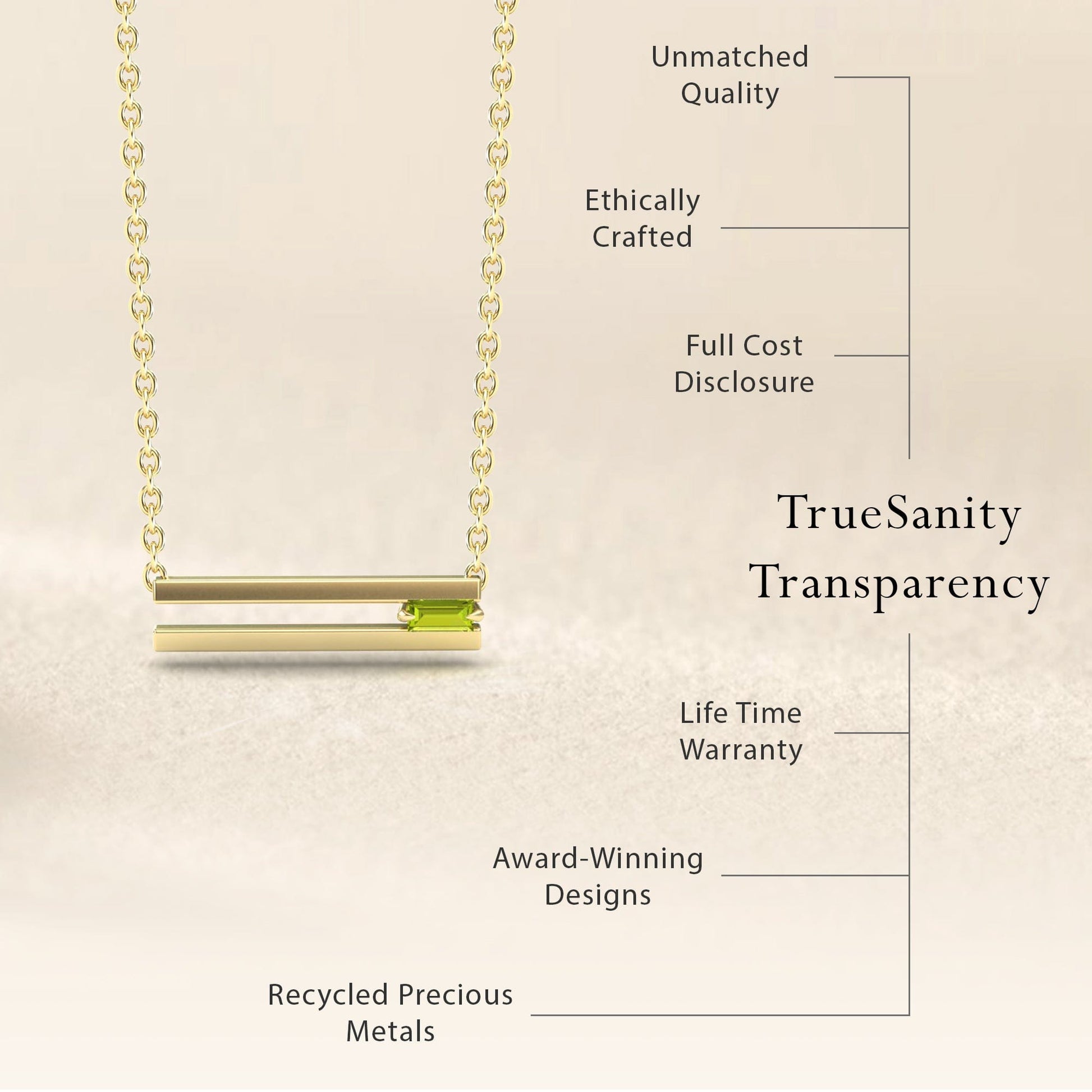 The Peridot Bar Necklace - Cecilia features a gold horizontal bar pendant with a small green stone. The text highlights transparency, unmatched quality, ethical crafting, cost disclosure, recycled metals, and a lifetime warranty.