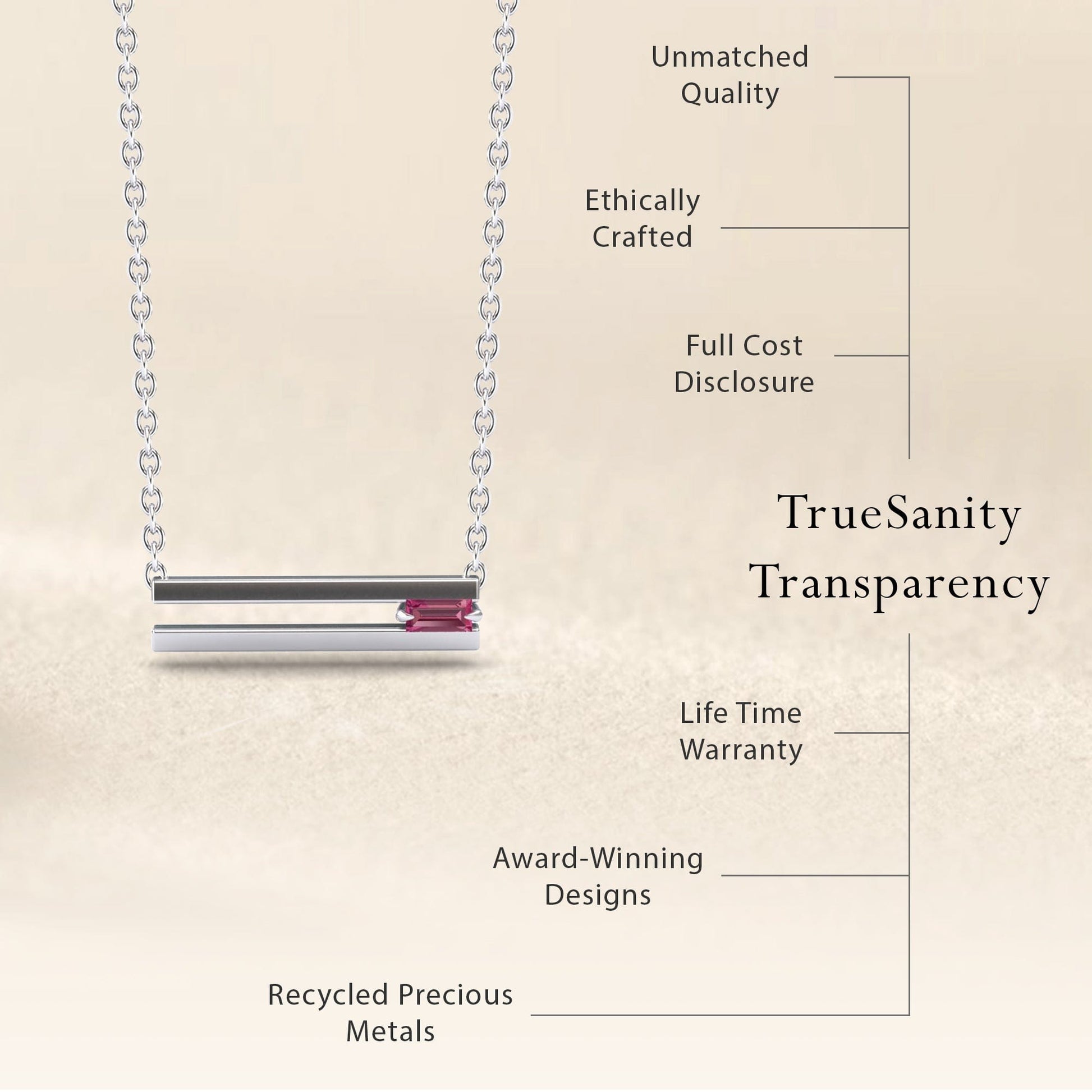 The Pink Tourmaline Bar Necklace - Cecilia is shown. Next to it, text highlights: Unmatched Quality, Ethically Crafted, Full Cost Disclosure, Lifetime Warranty, Award-Winning Designs, and Recycled Precious Metals.