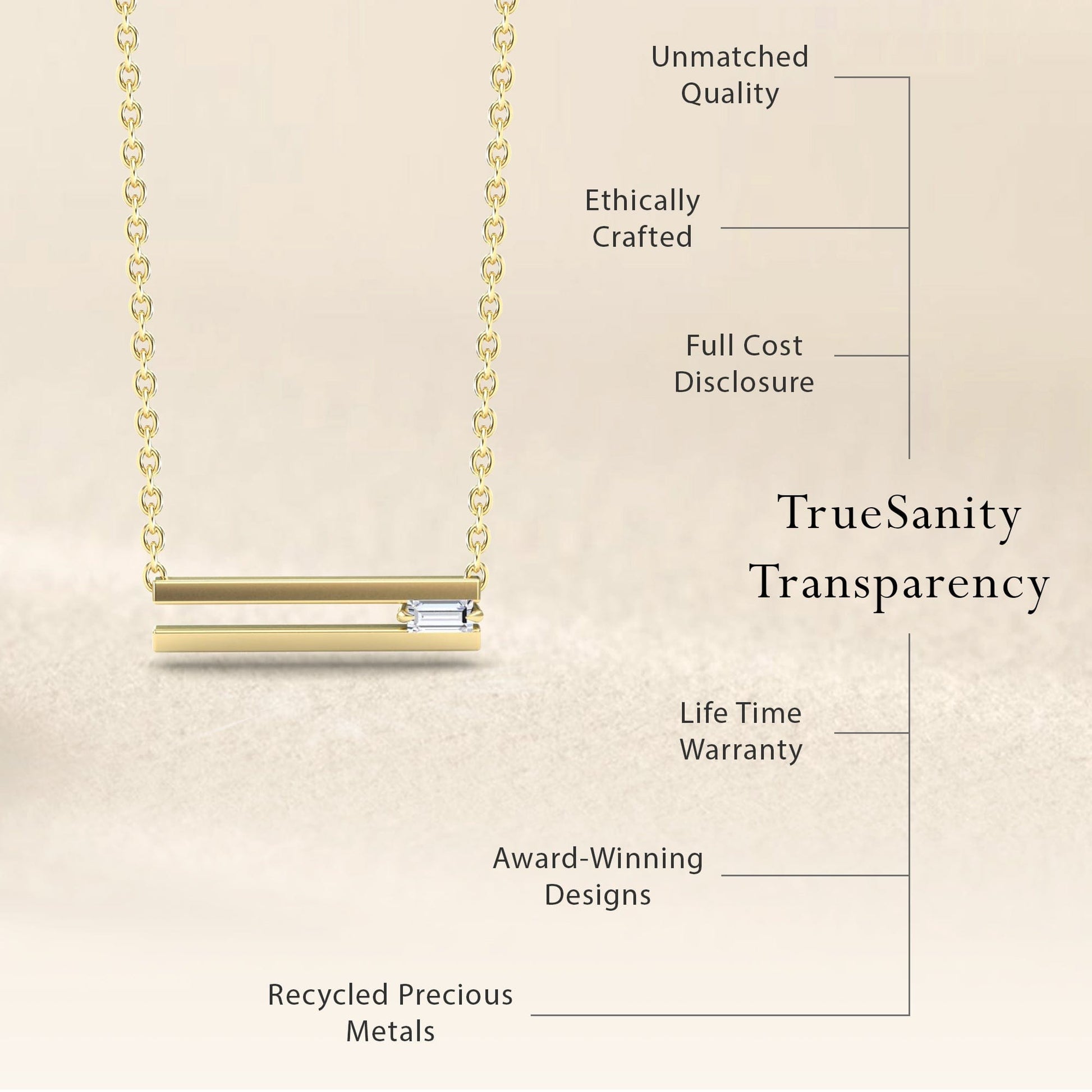 The White Diamond Bar Pendant - Cecilia is a gold necklace with a horizontal white diamond pendant, featuring unmatched quality, ethical crafting, full cost disclosure, lifetime warranty, award-winning design, and recycled metals.