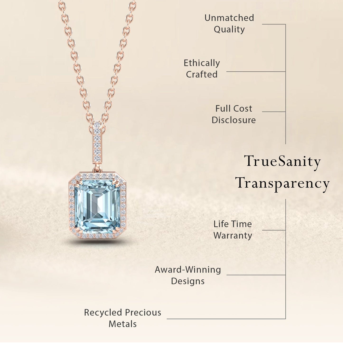 The Sky Blue Topaz & Diamond Halo Necklace - Sanya is shown in rose gold with a large emerald-cut topaz pendant. Features: unmatched quality, ethically crafted, full cost disclosure, lifetime warranty, award-winning design, recycled metals.
