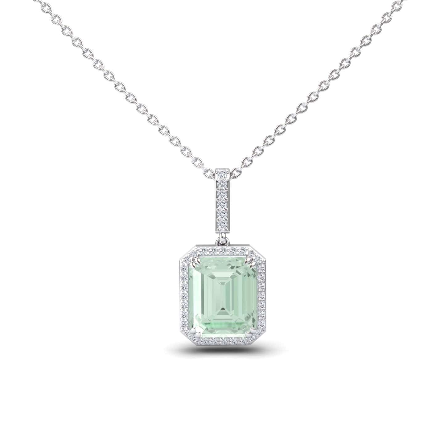 The Green Amethyst & Diamond Halo Necklace - Sanya features a rectangular, light green amethyst pendant encircled by sparkling diamonds and a matching diamond-studded bail, shown on a plain white background.