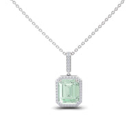 The Green Amethyst & Diamond Halo Necklace - Sanya features a rectangular, light green amethyst pendant encircled by sparkling diamonds and a matching diamond-studded bail, shown on a plain white background.