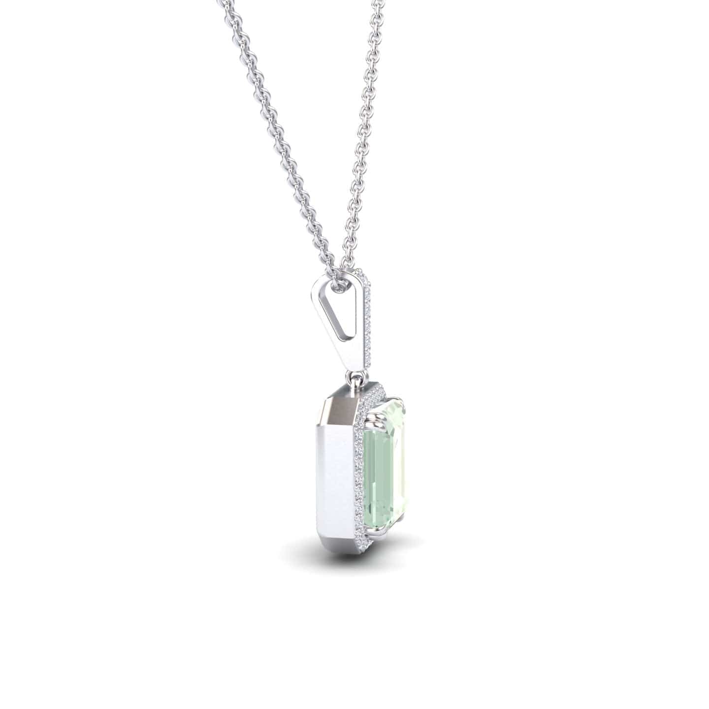 The Green Amethyst & Diamond Halo Necklace - Sanya features a rectangular pale green gemstone pendant set in silver, accented with diamonds, and hangs from a delicate chain against a white background.