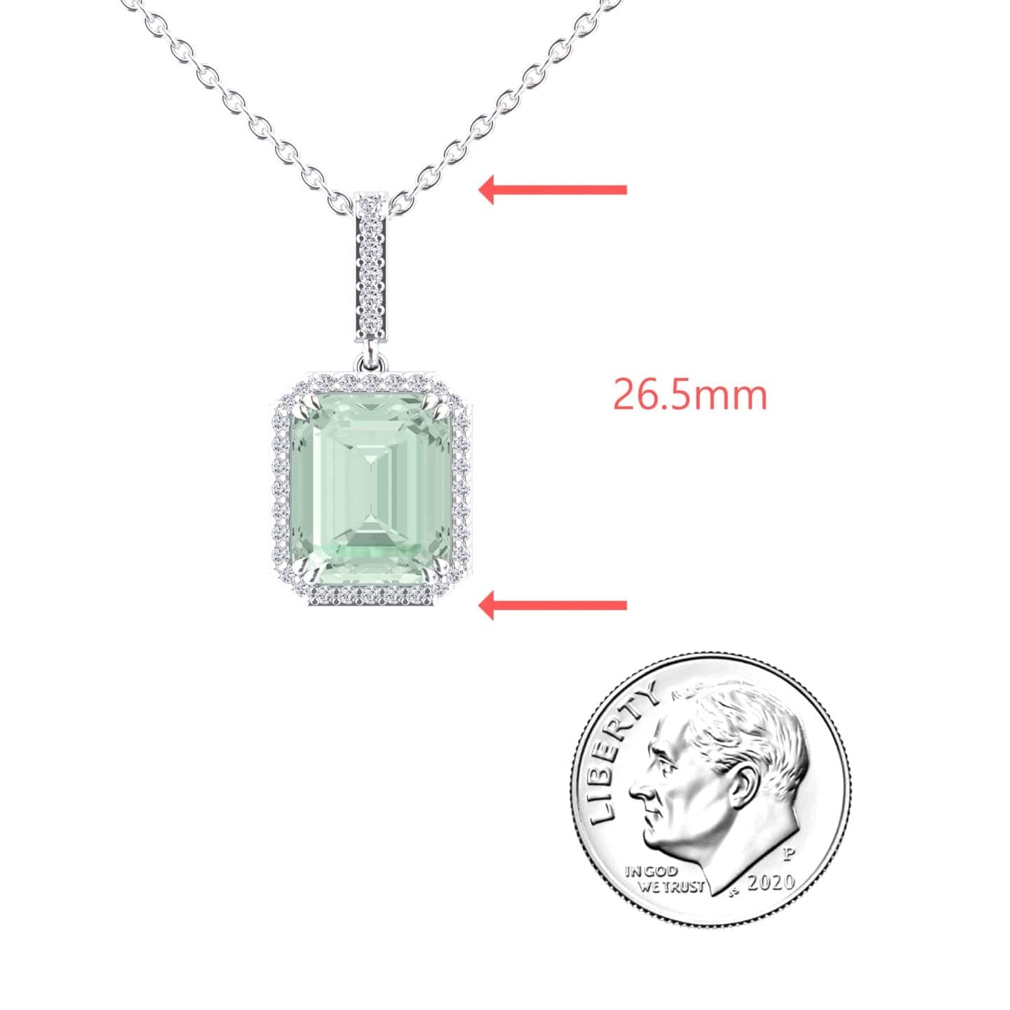 The Green Amethyst & Diamond Halo Necklace - Sanya features a silver chain with a rectangular green amethyst pendant, surrounded by small diamonds. Shown beside a U.S. dime for scale, red arrows highlight its 26.5mm length.