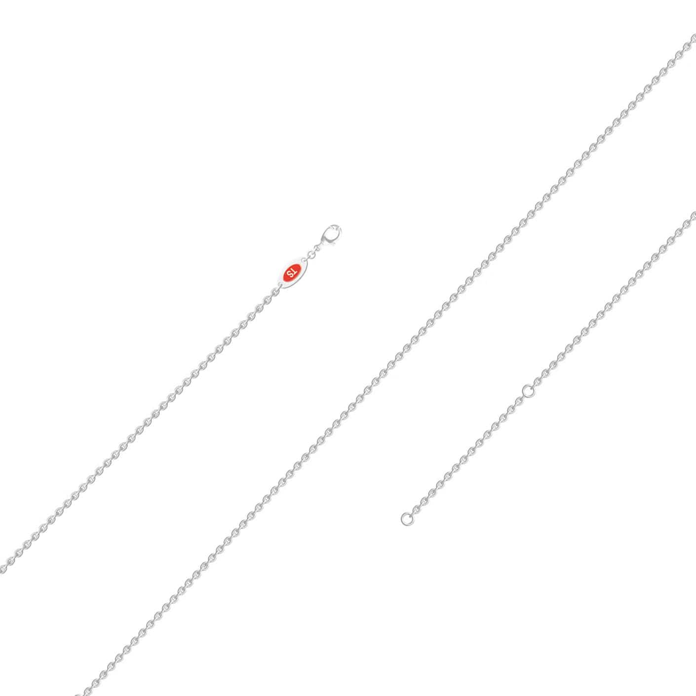 The Green Amethyst & Diamond Halo Necklace - Sanya features a delicate silver chain with small round links, shown from three angles on a white background. A section near the clasp displays a small red oval tag.