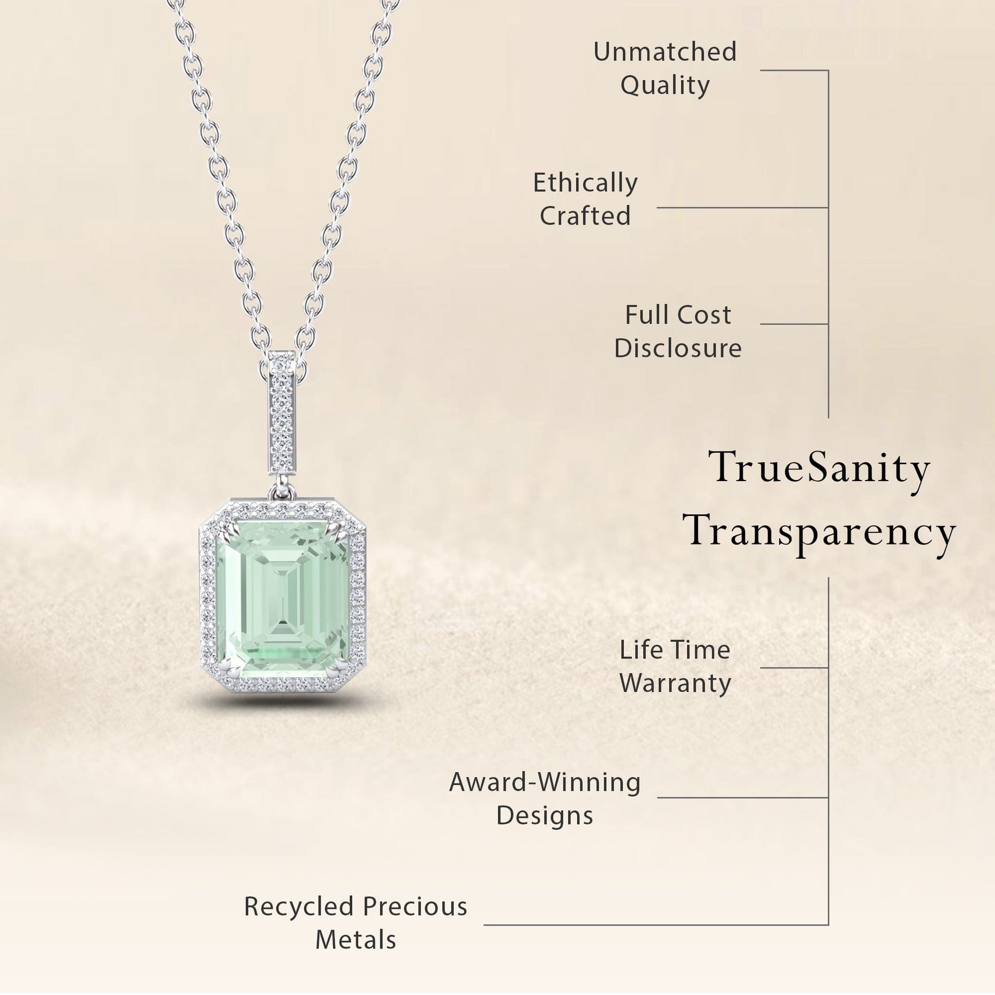The Green Amethyst & Diamond Halo Necklace - Sanya features a rectangular light green gemstone on a silver chain. Enjoy unmatched quality, ethical craftsmanship, full cost transparency, recycled metals, a lifetime warranty, and award-winning design.