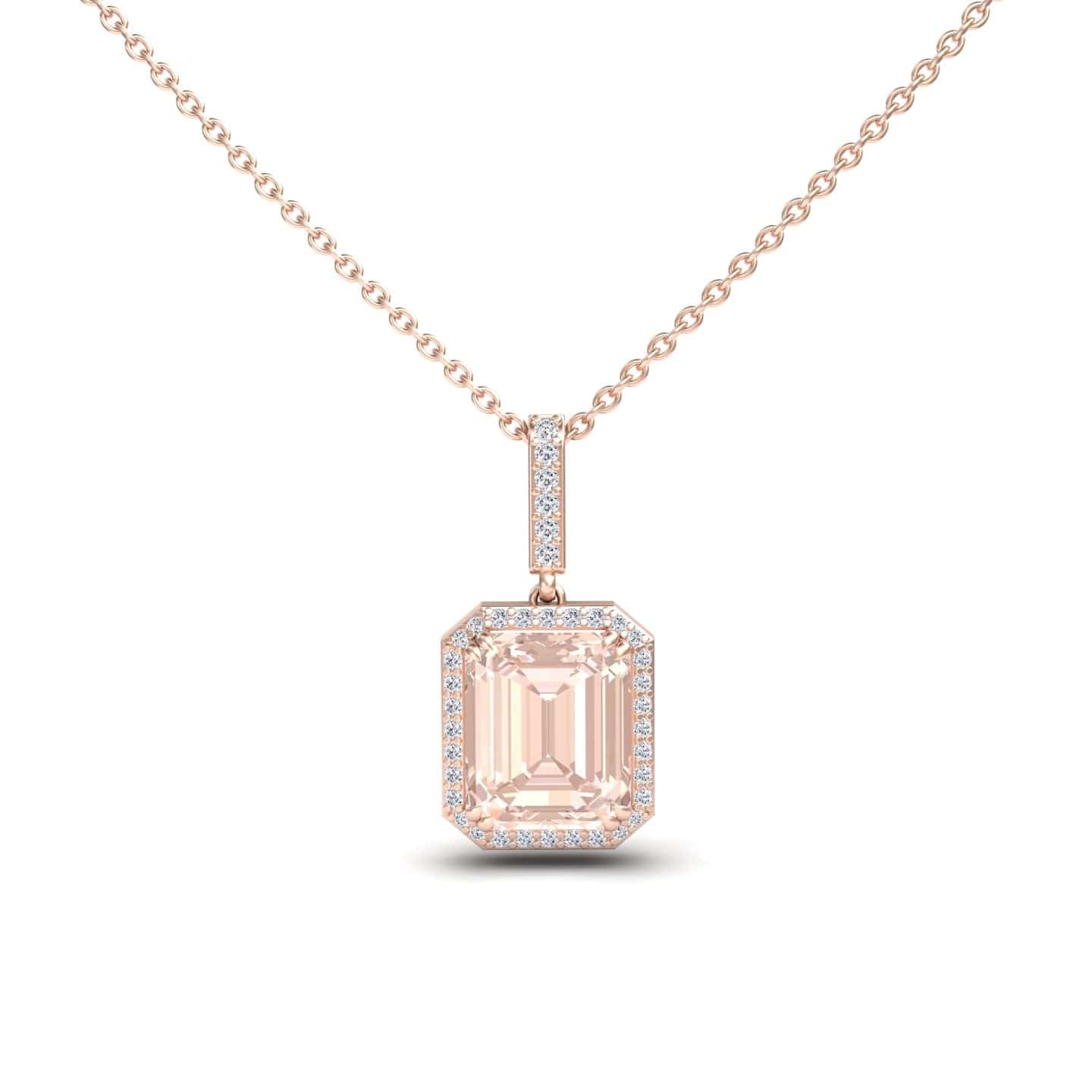 The Morganite & Diamond Halo Necklace - Sanya features a rectangular emerald-cut light pink morganite pendant, surrounded by sparkling diamonds and set on a delicate rose gold chain.