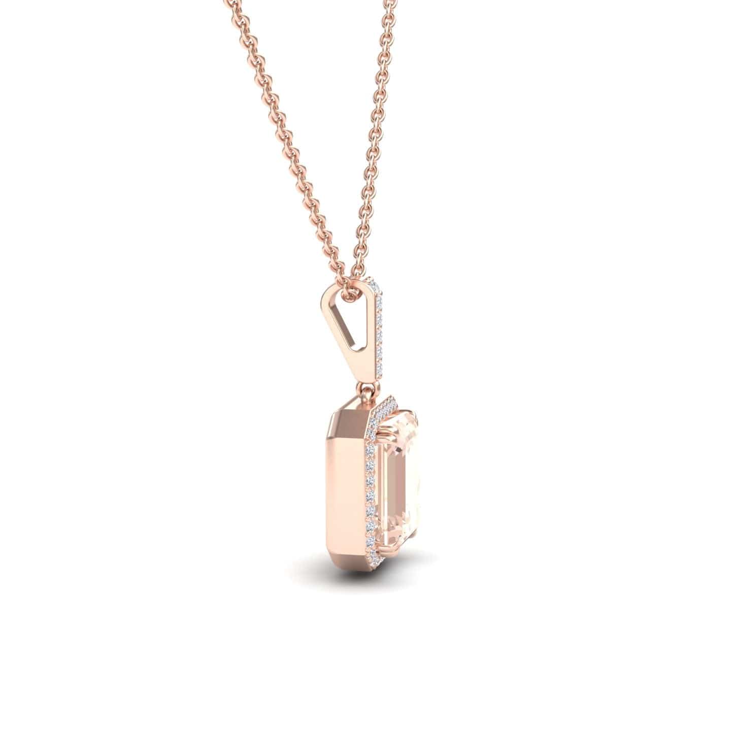 The Morganite & Diamond Halo Necklace - Sanya is shown from a side angle on a white background, featuring a rose gold necklace with a rectangular morganite pendant accented by sparkling diamonds along the side and loop.