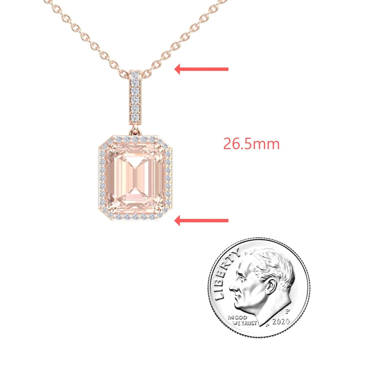 The Morganite & Diamond Halo Necklace - Sanya features a rose gold pendant with a rectangular gemstone, shown next to a 2020 U.S. dime for scale. Red arrows indicate the pendant’s length of 26.5mm.