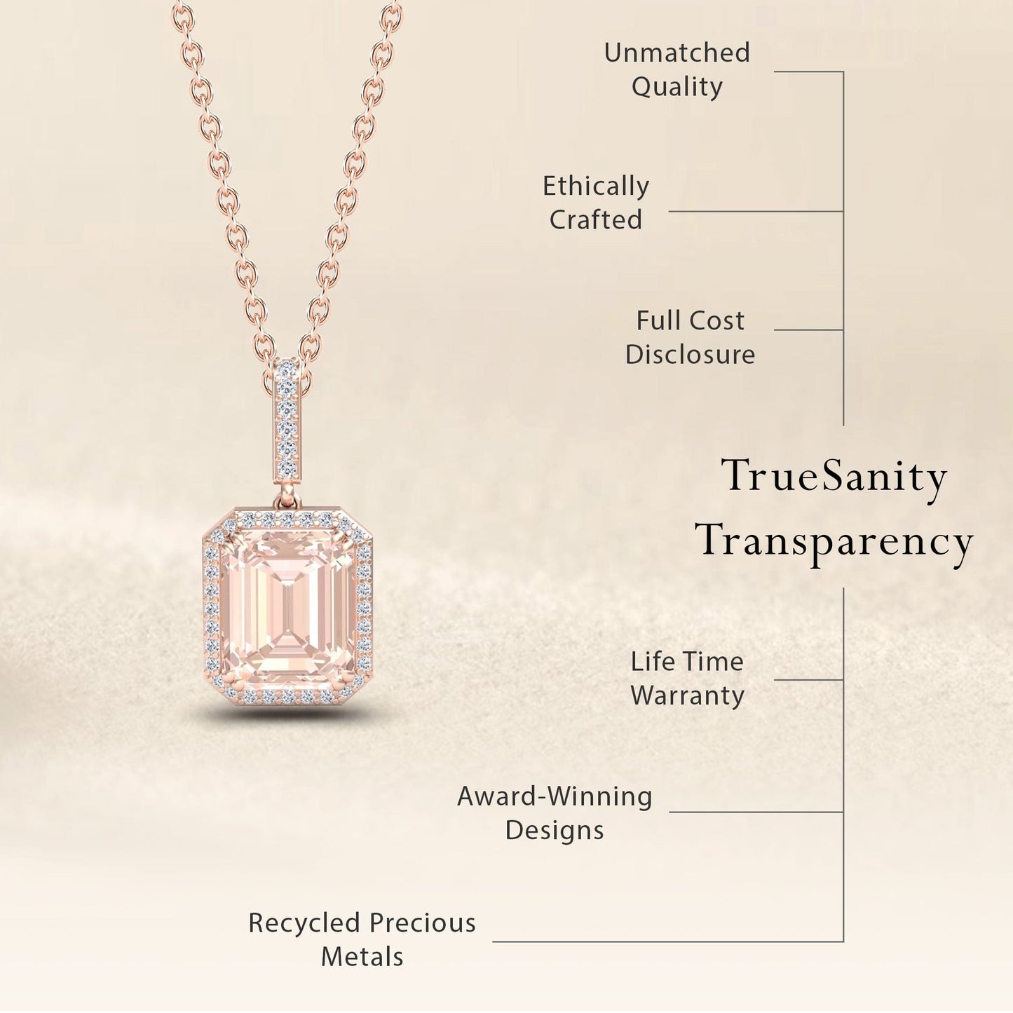 The Morganite & Diamond Halo Necklace - Sanya features a rectangular morganite set in rose gold, encircled by diamonds. Enjoy unmatched quality, award-winning design, recycled metals, ethical crafting, full cost disclosure, and a lifetime warranty.
