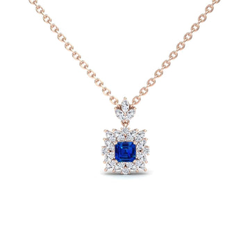 Lab Grown Blue Sapphire & Diamond Halo Pendant Necklace - Zeina