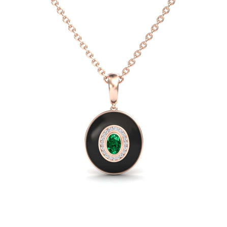 Emerald & Diamond Black Enamel Halo Necklace - Edith