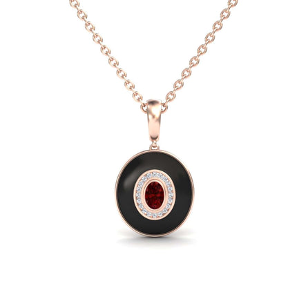Ruby & Diamond Black Enamel Halo Necklace - Edith