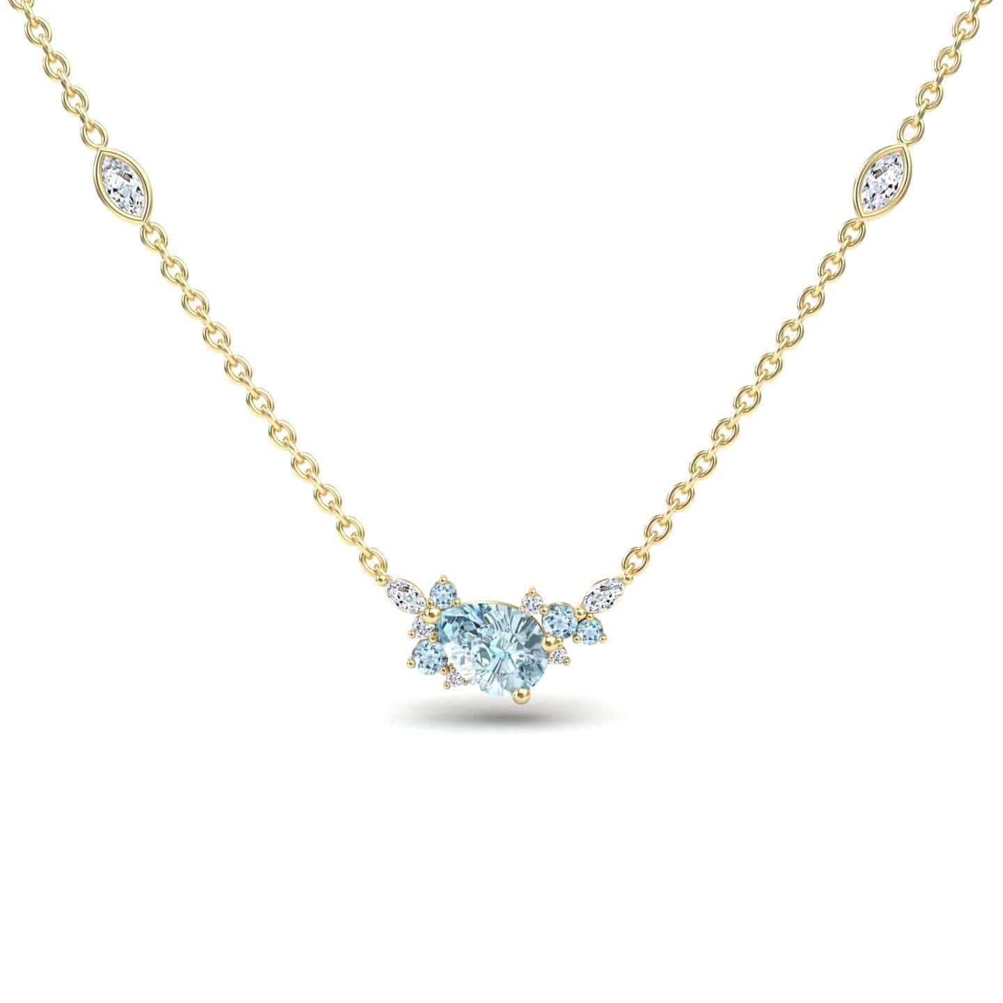 The Aquamarine & Diamond Bouquet Necklace - Daria features a gold chain with a central heart-shaped aquamarine surrounded by diamonds and two marquise-cut gemstone accents on each side.