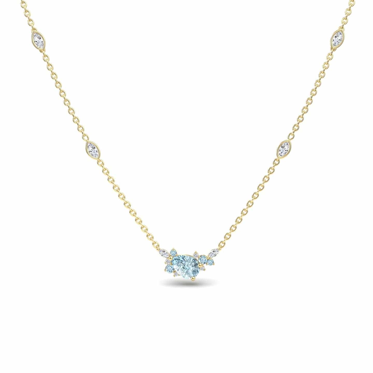 The Aquamarine & Diamond Bouquet Necklace - Daria features a delicate gold chain with a central cluster of sparkling marquise and round diamonds, accented by small diamonds spaced along the chain.