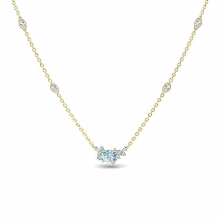 The Aquamarine & Diamond Bouquet Necklace - Daria features a delicate gold chain with a central cluster of sparkling marquise and round diamonds, accented by small diamonds spaced along the chain.