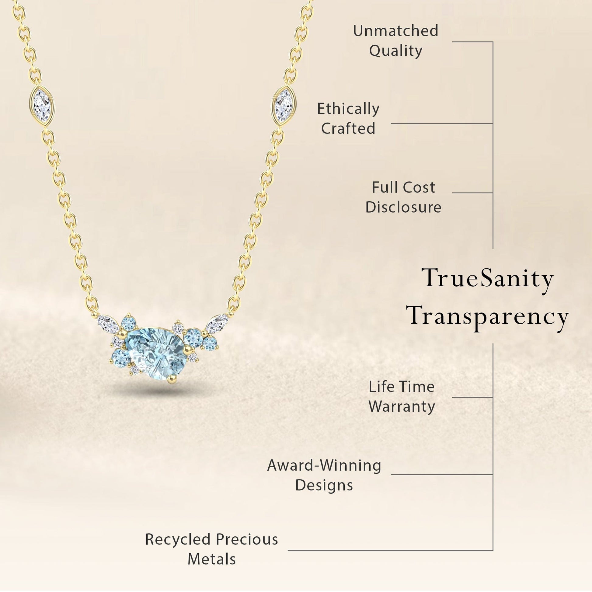 The Aquamarine & Diamond Bouquet Necklace - Daria is shown with a heart-shaped blue gemstone, diamond accents, and labeled lines highlighting its unmatched quality, ethical craftsmanship, and use of recycled precious metals.