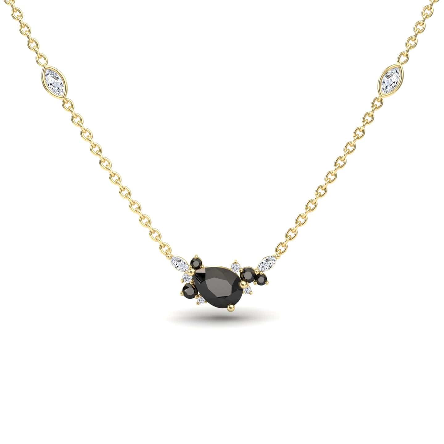 The Black & White Diamond Bouquet Necklace – Daria features a gold chain with a central oval black gemstone, surrounded by black and white stones, plus two marquise-shaped white stones set along the chain.