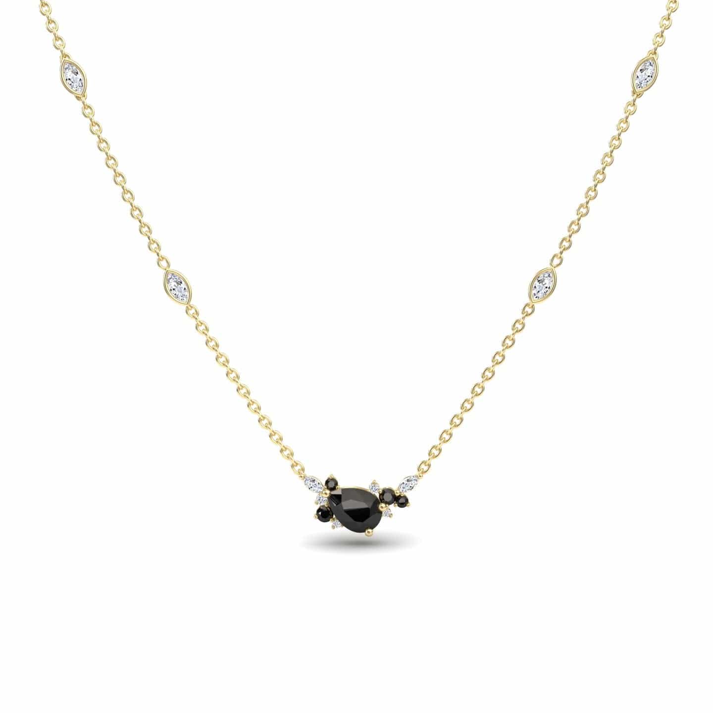 The Black & White Diamond Bouquet Necklace - Daria showcases a delicate gold chain with a central black gemstone encircled by white and black stones, plus four evenly spaced white stones along the chain.