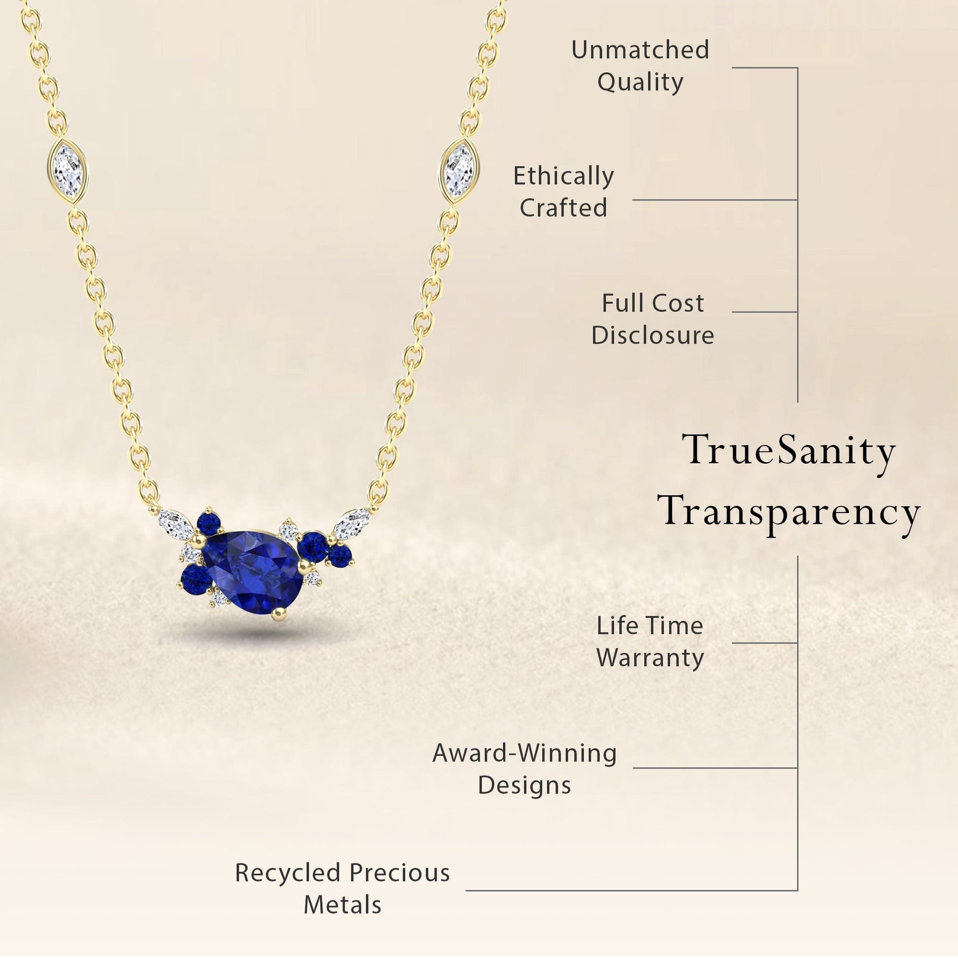 The Blue Sapphire & Diamond Bouquet Necklace - Daria features unmatched quality, award-winning design, ethical craftsmanship, recycled precious metals, full cost transparency, and a lifetime warranty.