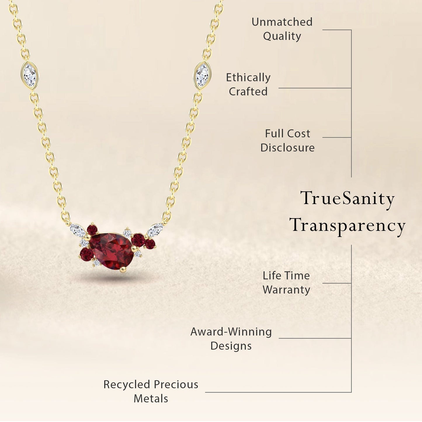 The Ruby & Diamond Bouquet Necklace - Daria features a gold chain with a red gemstone pendant and small white stones, highlighting unmatched quality, ethical craftsmanship, full cost disclosure, lifetime warranty, award-winning design, and recycled precious metals.