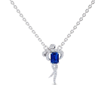Lab Grown Blue Sapphire & Diamond Bow Ribbon Necklace - Meiling