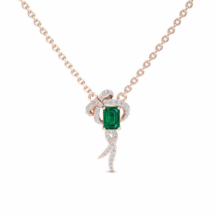 Lab Grown Emerald & Diamond Bow Ribbon Necklace - Meiling
