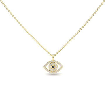 The Black & White Diamond Eye Necklace - Elise is a gold chain necklace with an eye-shaped pendant featuring a central black stone and a border of clear stones, shown against a plain white background.