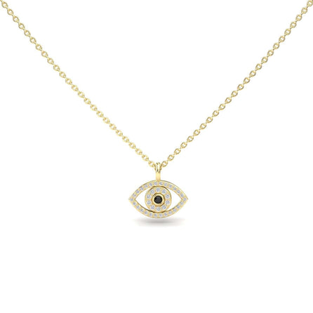 The Black & White Diamond Eye Necklace - Elise is a gold chain necklace with an eye-shaped pendant featuring a central black stone and a border of clear stones, shown against a plain white background.