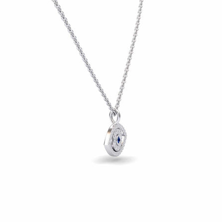 The Blue Sapphire & Diamond Eye Necklace - Elise features a silver chain with a circular pendant, showcasing a blue sapphire center stone encircled by sparkling diamonds, displayed on a plain white background.