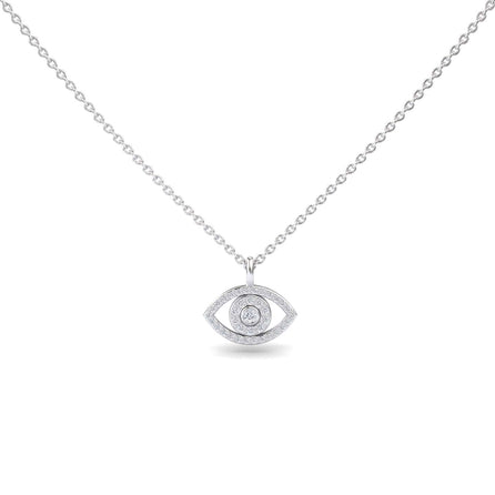 The White Diamond Eye Necklace - Elise is a silver chain necklace with an eye-shaped pendant encrusted with clear stones, displayed on a plain white background.
