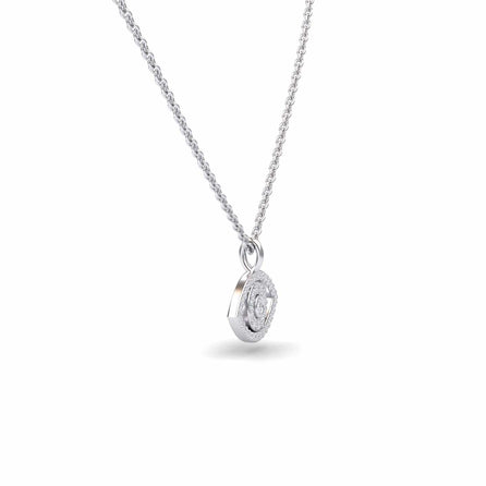 The White Diamond Eye Necklace - Elise is a silver chain necklace with a circular pendant featuring concentric layers of sparkling white diamonds, shown on a plain white background.