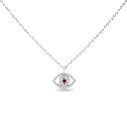 The Ruby & Diamond Eye Necklace - Elise features a silver eye-shaped pendant with a central red gemstone and surrounding clear stones, shown on a plain white background.